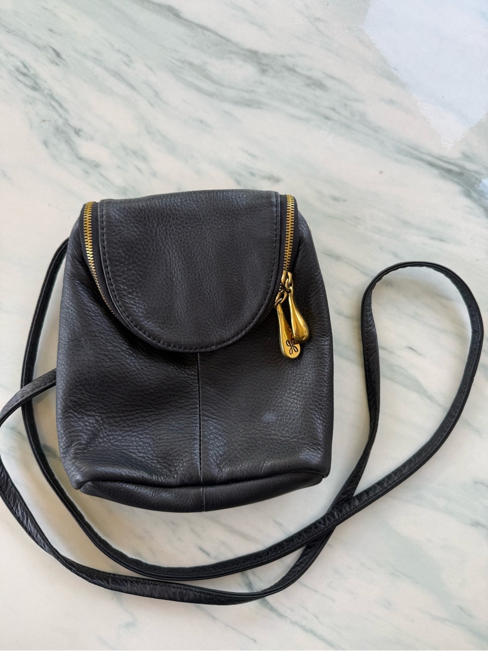 Hobo Black Leather Crossbody Bag with Gold Hardware